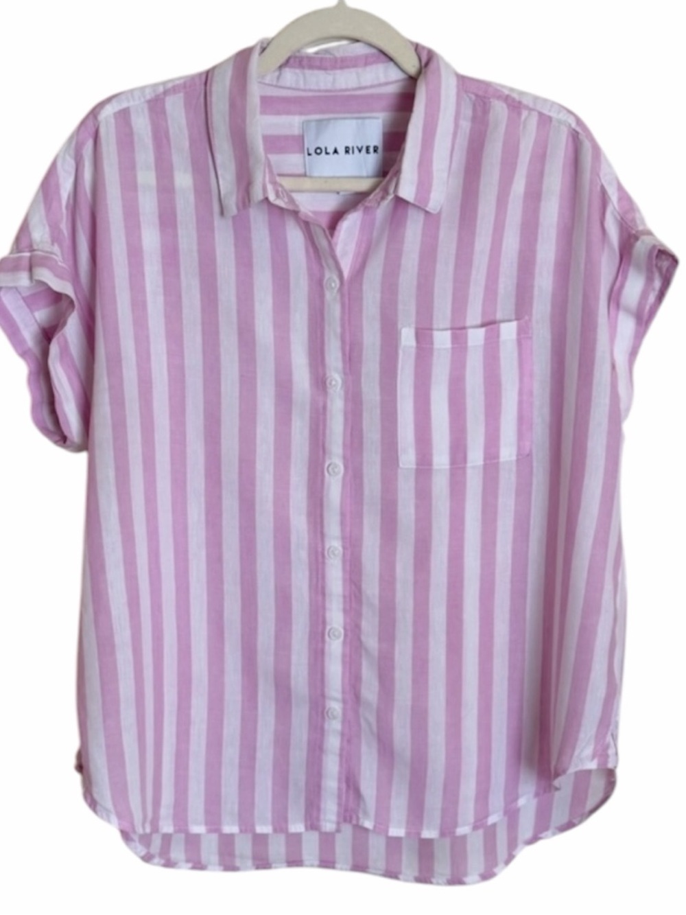 Lola River Pink & White Striped Button-Down Linen Blend Shirt. Size Large